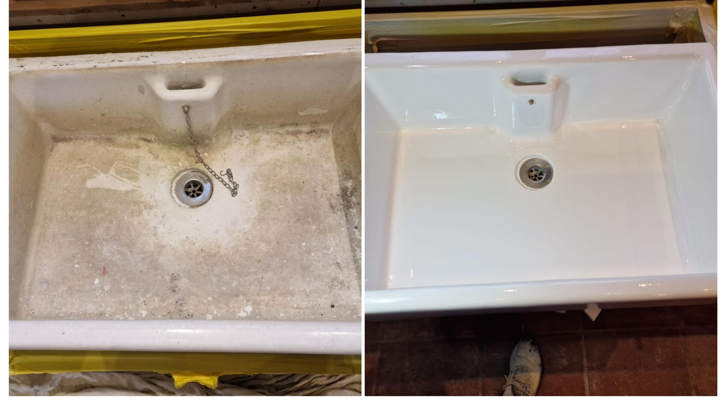 BELFAST KITCHEN SINK RESTORED IN Bath BEFORE AND AFTER PHOTOS OF A KITCHEN CERAMIC BELFAST SINK, WAS DAMAGED AND FULL OF CHIPS, FULLY RESORED TO A LIKE NEW FINISH IN Weston-super-Mare