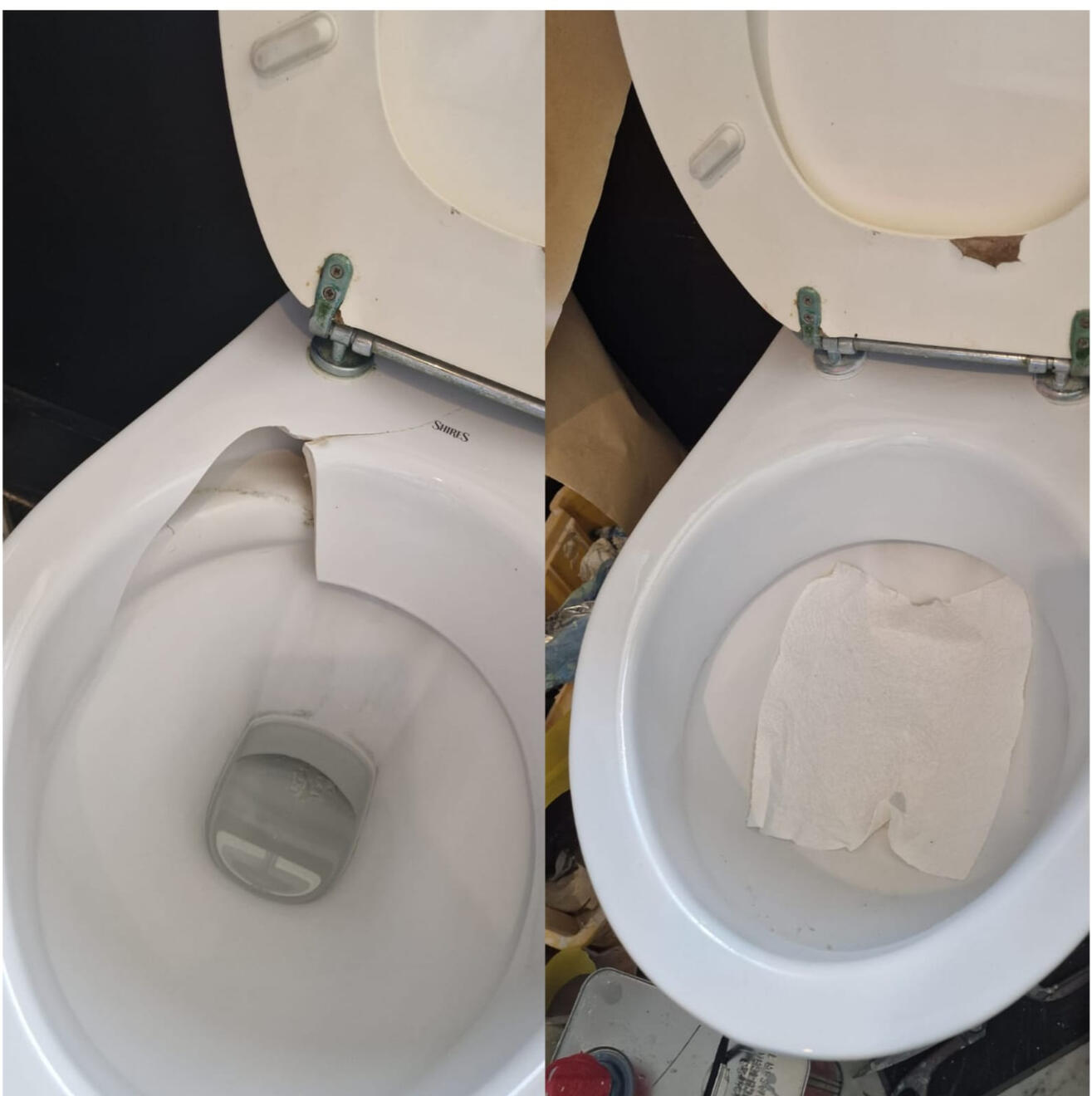 before and after pictures of a ceramic toilet crack repair before and after pictures of a ceramic toilet crack repair in a pub in the center of Weston-super-Mare