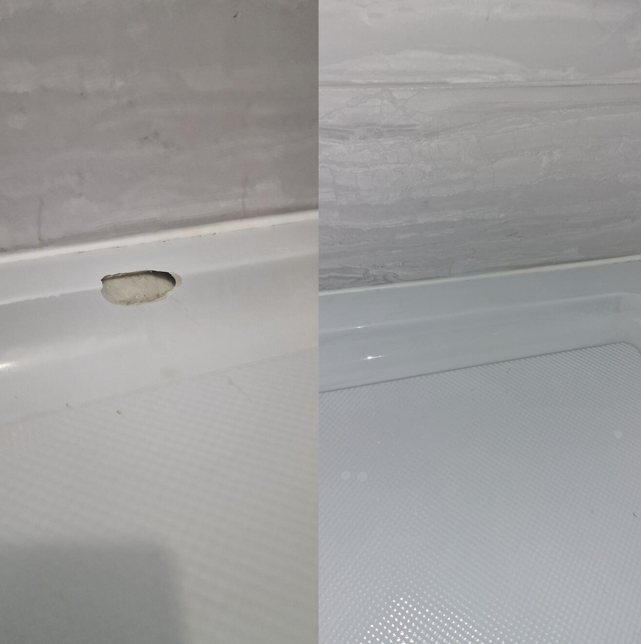 BEFORE AND AFTER PICTURES OF A STONE RESIN SHOWER TRAY CHIP REPAIR Before and after pictures of a shower Tray repair in Weston-super-Mare