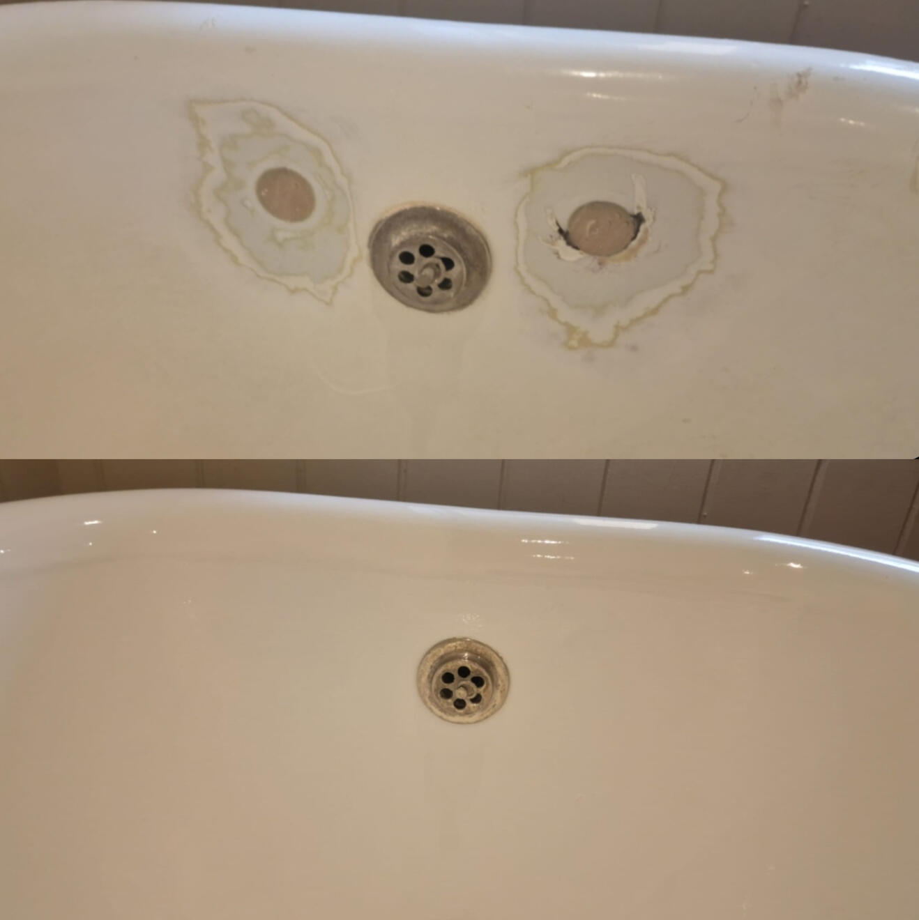 BEFORE AND AFTER PICTURES OF A CAST IRON BATH TAP HOLES FILLED AND REPAIRED Before and after cast iron bath tap holes filled and repaired in Milton, Weston-super-Mare