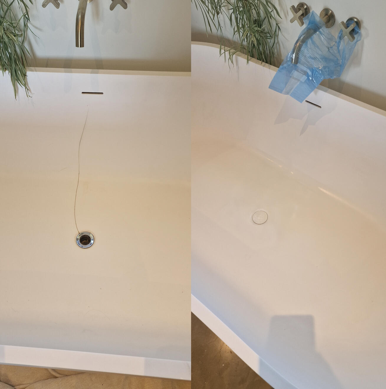 before and after pictures of a stone resin acrylic bath crack repair Reinforced stone resin bath crack repair in Weston-super-Mare