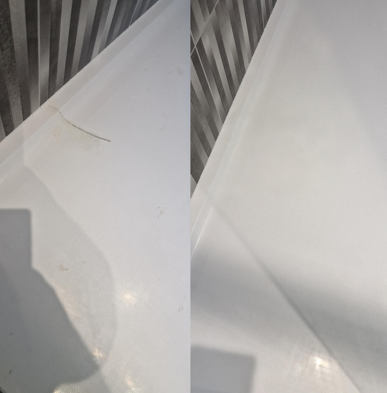 before and after pictures of a stone resin acrylic shower tray crack repair Reinforced shower tray crack repair in Weston-super-Mare