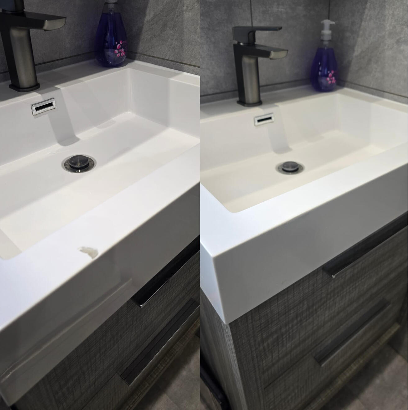 BEFORE AND AFTER PICTURES OF A COMPOSITE BATHROOM BASIN CHIP REPAIR Before and after composite bathroom basin chip repair in Weston-super-Mare - Airbnb property
