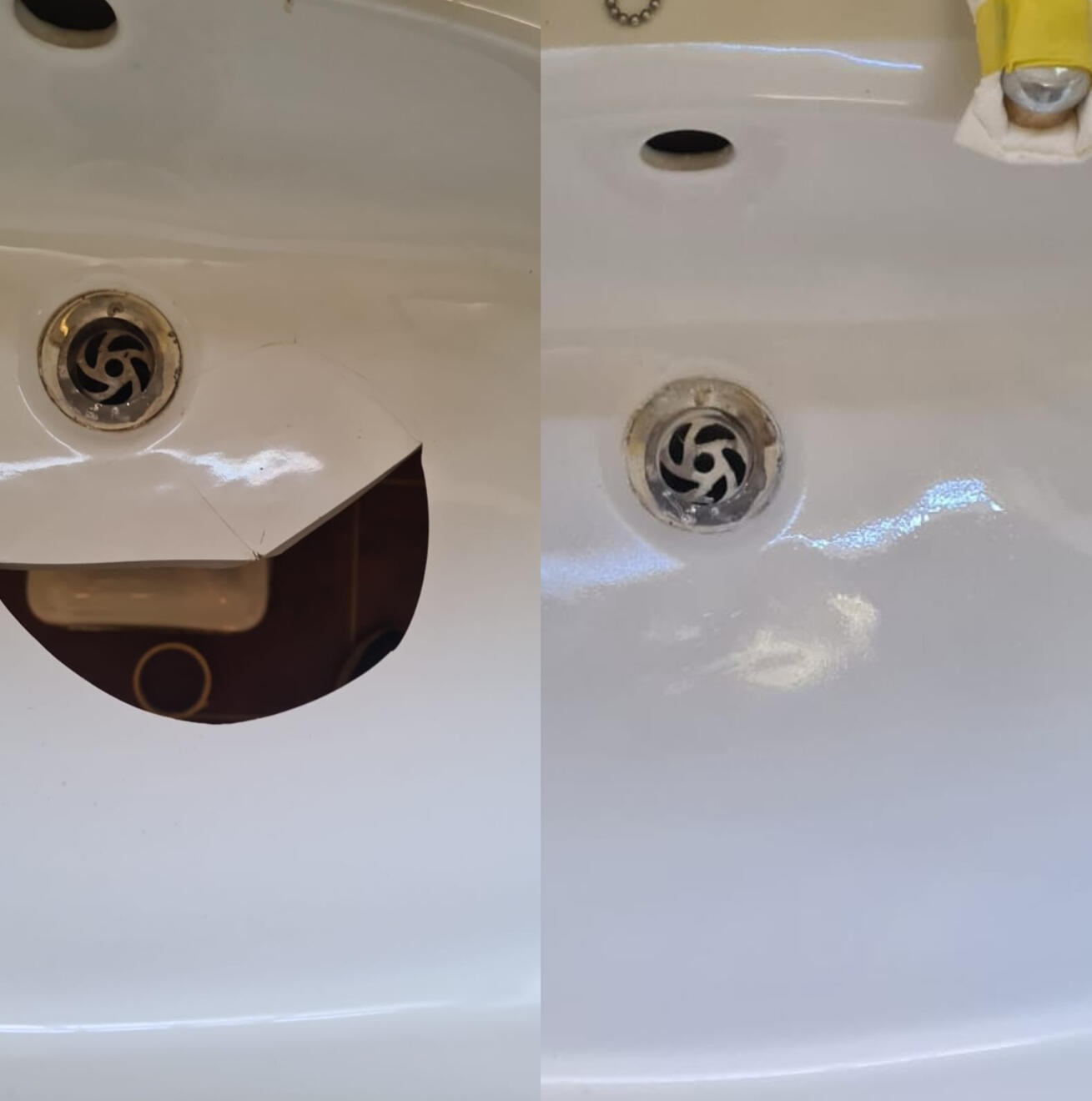 before and after pictures of a ceramic sink crack repair Before and after ceramic sink crack repair in locking Weston-super-Mare