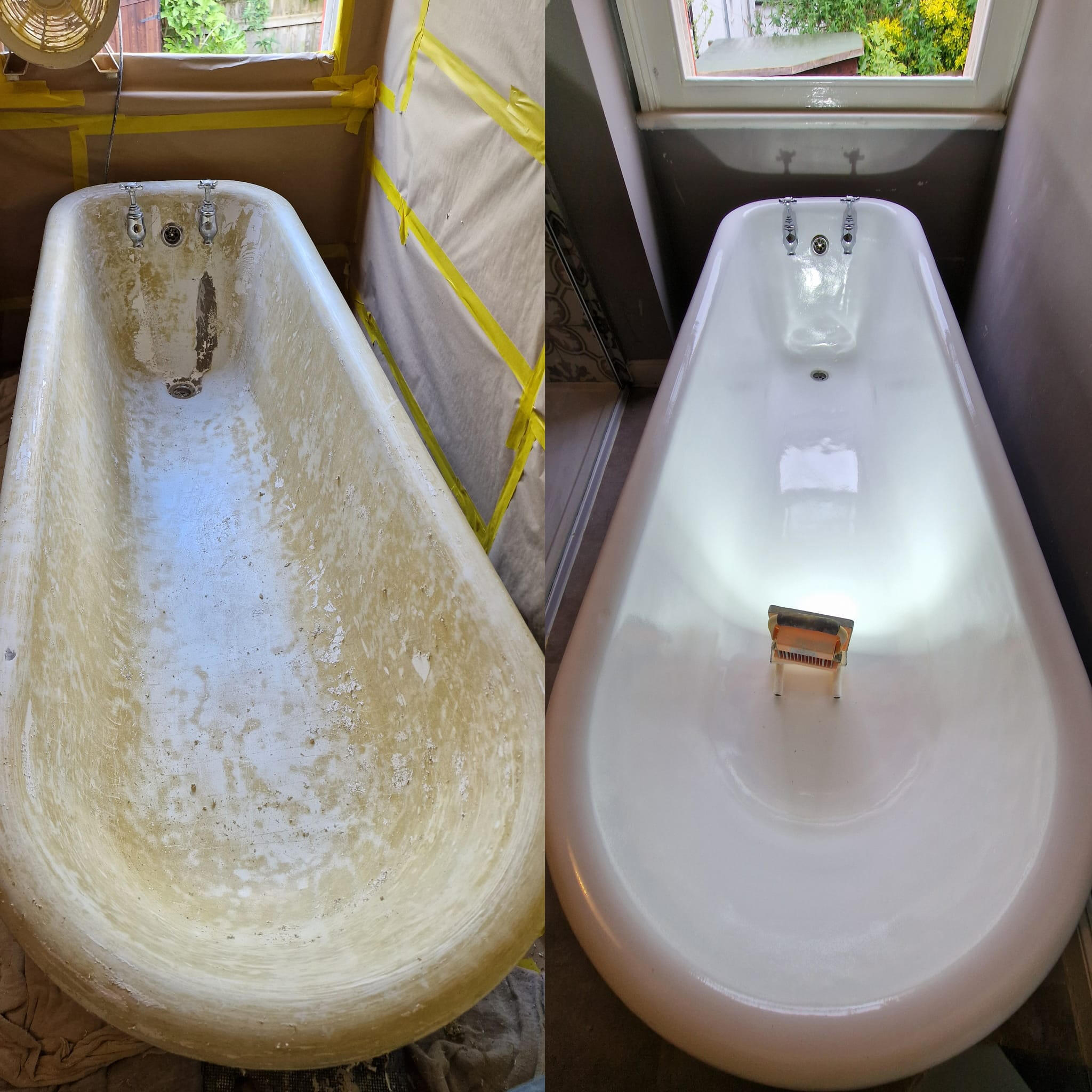 PICTURE OF A BEFORE AND AFTER OF A ROLL TOP CAST IRON BATH Before and after roll top cast iron bath re-enamelling in Weston-super-Mare
